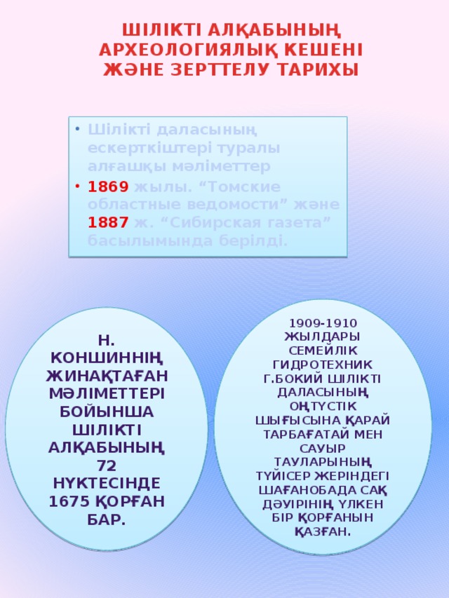 ШІЛІКТІ АЛҚАБЫНЫҢ АРХЕОЛОГИЯЛЫҚ КЕШЕНІ ЖӘНЕ ЗЕРТТЕЛУ ТАРИХЫ Шiлiктi даласының ескерткiштерi туралы алғашқы мәлiметтер 1869 жылы. “Томские областные ведомости” және 1887 ж. “Сибирская газета” басылымында берiлдi. 1909-1910 жылдары семейлік гидротехник Г.Бокий Шілікті даласының оңтүстік шығысына қарай Тарбағатай мен Сауыр тауларының түйісер жеріндегі Шағанобада сақ дәуірінің үлкен бір қорғанын қазған. Н. Коншиннің жинақтаған мәліметтері бойынша Шілікті алқабының 72 нүктесінде 1675 қорған бар.