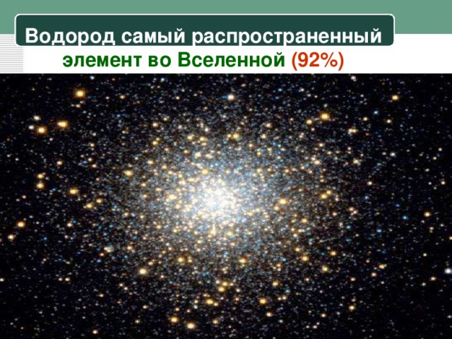 Водород самый распространенный элемент во Вселенной (92%)