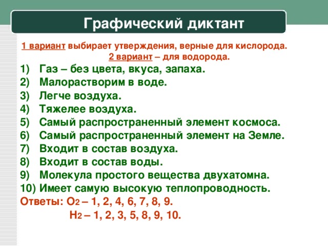 Графический диктант 1 вариант выбирает утверждения, верные для кислорода.  2 вариант – для водорода. 1)  Газ – без цвета, вкуса, запаха. 2)  Малорастворим в воде. 3)  Легче воздуха. 4)  Тяжелее воздуха. 5) Самый распространенный элемент космоса. 6)  Самый распространенный элемент на Земле. 7)  Входит в состав воздуха. 8)  Входит в состав воды. 9) Молекула простого вещества двухатомна. 10) Имеет самую высокую теплопроводность. Ответы: О 2 – 1, 2, 4, 6, 7, 8, 9.  Н 2 – 1, 2, 3, 5, 8, 9, 10.