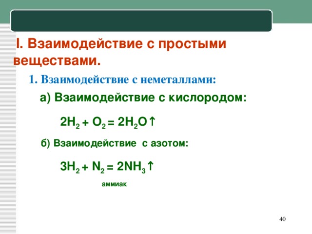 I. Взаимодействие с простыми веществами.  1. Взаимодействие с неметаллами:  а) Взаимодействие с кислородом:  2Н 2 + О 2 = 2Н 2 О ↑   б) Взаимодействие с азотом:  3 H 2 + N 2 = 2 N Н 3 ↑  аммиак