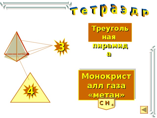 Треугольная пирамида  3 Монокристалл газа «метан» 4 C H 4