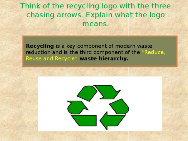 Think of the recycling logo with the three chasing arrows. Explain what the logo means. Recycling is a key component of modern waste reduction and is the third component of the “Reduce, Reuse and Recycle” waste hierarchy.