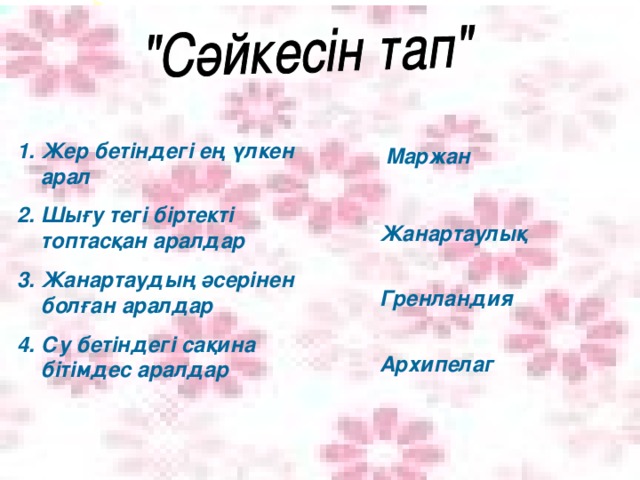 Жер бетіндегі ең үлкен арал Шығу тегі біртекті топтасқан аралдар Жанартаудың әсерінен болған аралдар Су бетіндегі сақина бітімдес аралдар