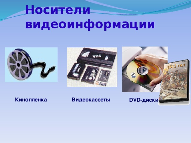 Носители видеоинформации Кинопленка Видеокассеты DVD-диски