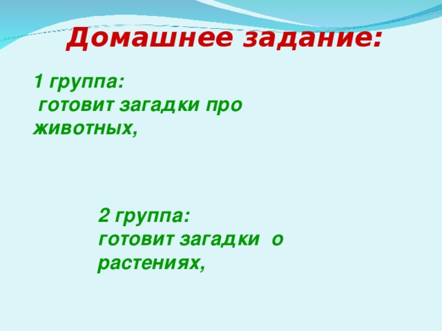 Домашнее задание: 1 группа:  готовит загадки про животных,  2 группа: готовит загадки о растениях, 19