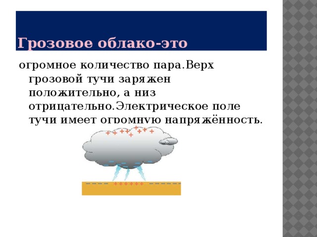 Грозовое облако-это огромное количество пара.Верх грозовой тучи заряжен положительно, а низ отрицательно.Электрическое поле тучи имеет огромную напряжённость.