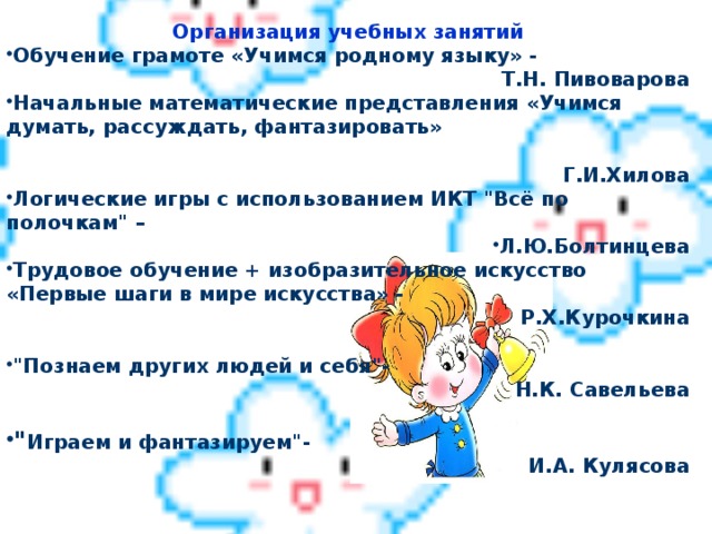 Организация учебных занятий Обучение грамоте «Учимся родному языку» - Т.Н. Пивоварова Начальные математические представления «Учимся думать, рассуждать, фантазировать»  Г.И.Хилова Логические игры с использованием ИКТ 