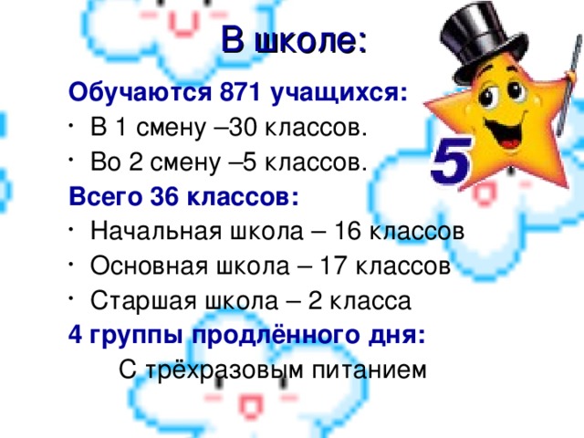 В школе: Обучаются 871 учащихся: В 1 смену –30 классов. Во 2 смену –5 классов. Всего 36 классов: Начальная школа – 16 классов Основная школа – 17 классов Старшая школа – 2 класса 4 группы продлённого дня:  С трёхразовым питанием