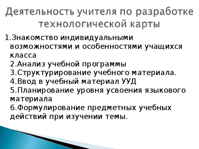 1.Знакомство индивидуальными возможностями и особенностями учащихся класса  2.Анализ учебной программы  3.Структурирование учебного материала.  4.Ввод в учебный материал УУД  5.Планирование уровня усвоения языкового материала  6.Формулирование предметных учебных действий при изучении темы.