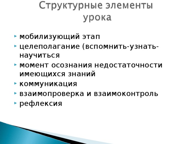 мобилизующий этап целеполагание (вспомнить-узнать-научиться момент осознания недостаточности имеющихся знаний коммуникация взаимопроверка и взаимоконтроль рефлексия