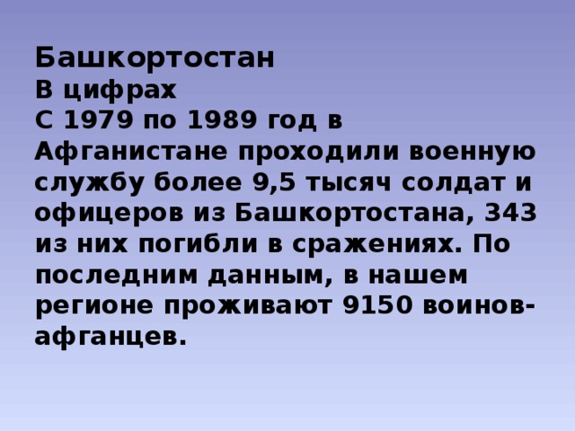 Башкортостан  В цифрах  С 1979 по 1989 год в Афганистане проходили военную службу более 9,5 тысяч солдат и офицеров из Башкортостана, 343 из них погибли в сражениях. По последним данным, в нашем регионе проживают 9150 воинов-афганцев.