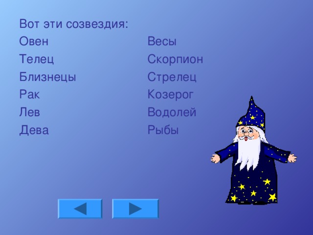 Вот эти созвездия: Овен Телец Близнецы Рак Лев Дева Весы Скорпион Стрелец Козерог Водолей Рыбы