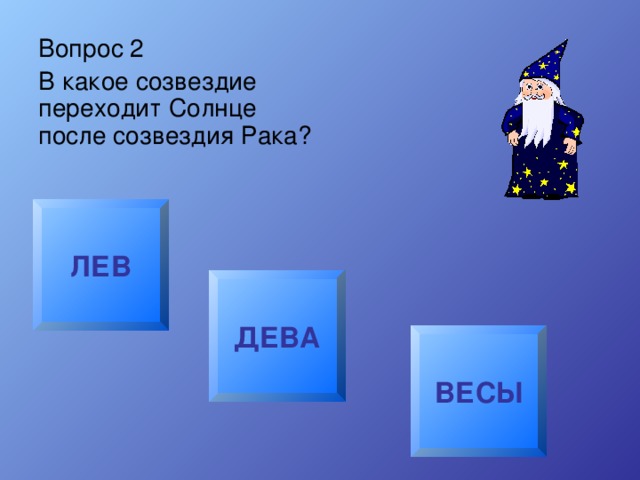 Вопрос 2 В какое созвездие переходит Солнце после созвездия Рака? ЛЕВ ДЕВА ВЕСЫ