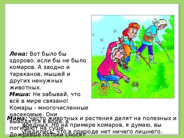 Лена:  Вот было бы здорово, если бы не было комаров. А заодно и тараканов, мышей и других ненужных животных.  Миша:  Не забывай, что всё в мире связано! Комары - многочисленные насекомые. Они выводятся в воде, а погибают на суше. Дождевые потоки сносят необходимые для жизни вещества в водоёмы, а комары возвращают их обратно на поля, в луга и леса. Не будет комаров - нарушится круговорот веществ. Да и урожай на полях снизится.   Мама:  Часто животных и растения делят на полезных и вредных. Но на примере комаров, я думаю, вы убедились, что в природе нет ничего лишнего.