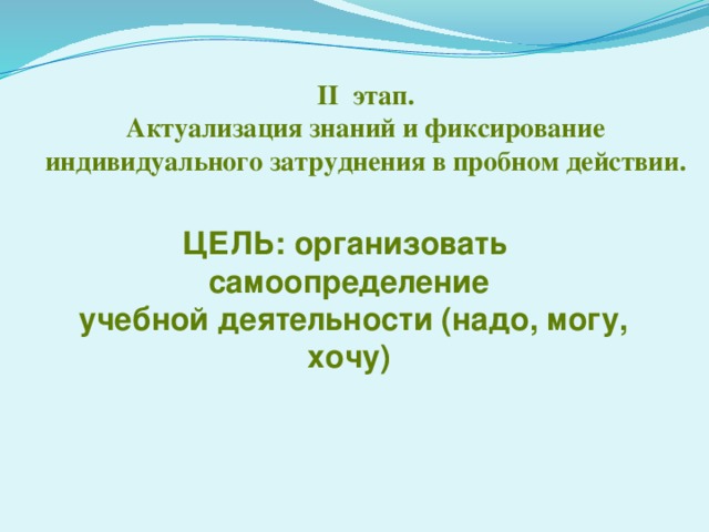 II этап. Актуализация знаний и фиксирование индивидуального затруднения в пробном действии.   ЦЕЛЬ: организовать самоопределение  учебной деятельности (надо, могу, хочу)