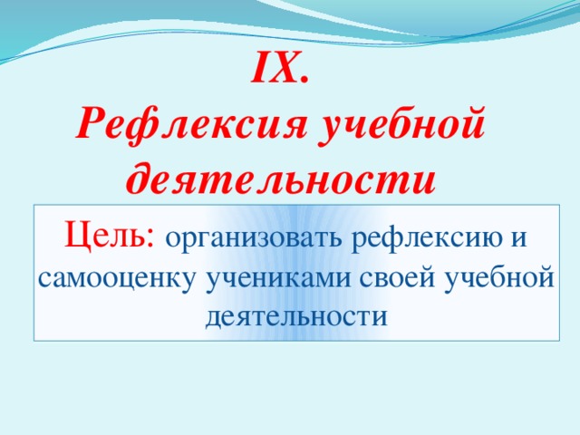 IX.  Рефлексия учебной деятельности Цель: организовать рефлексию и самооценку учениками своей учебной деятельности