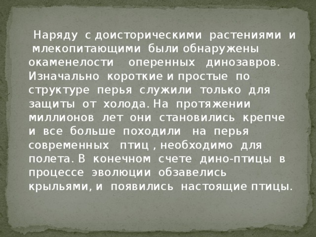 Наряду с доисторическими растениями и млекопитающими были обнаружены окаменелости оперенных динозавров. Изначально короткие и простые по структуре перья служили только для защиты от холода. На протяжении миллионов лет они становились крепче и все больше походили на перья современных птиц , необходимо для полета. В конечном счете дино-птицы в процессе эволюции обзавелись крыльями, и появились настоящие птицы.  