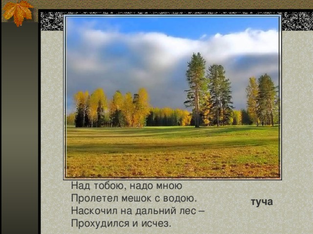 Над тобою, надо мною Пролетел мешок с водою. Наскочил на дальний лес – Прохудился и исчез. туча