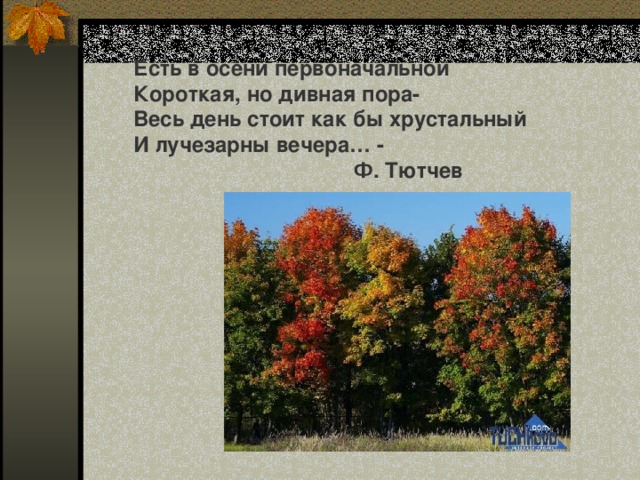 Есть в осени первоначальной Короткая, но дивная пора- Весь день стоит как бы хрустальный И лучезарны вечера… -  Ф. Тютчев