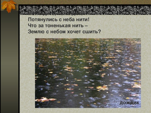 Поглядите, поглядите – Потянулись с неба нити! Что за тоненькая нить – Землю с небом хочет сшить? дождик