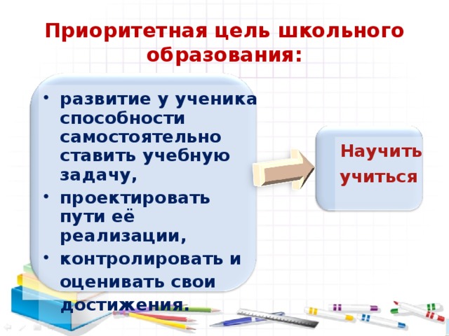 Приоритетная цель школьного образования: развитие у ученика способности самостоятельно ставить учебную задачу, проектировать пути её реализации, контролировать и  оценивать свои  достижения.  Научить учиться