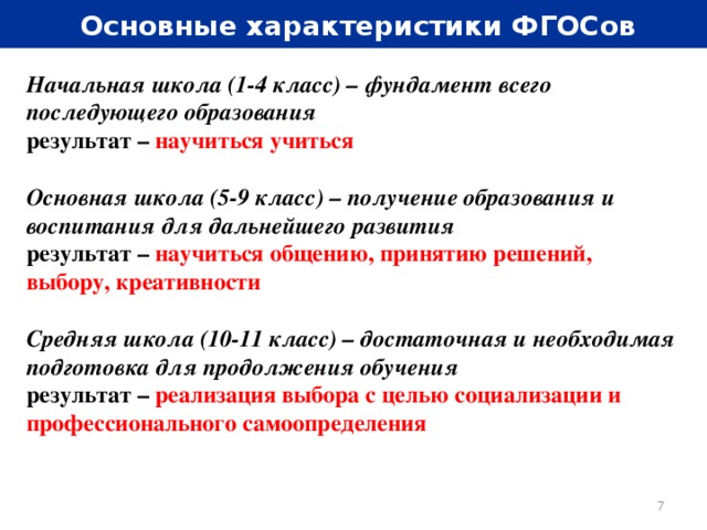 Основные характеристики ФГОСов Начальная школа (1-4 класс) – фундамент всего последующего образования результат – научиться учиться  Основная школа (5-9 класс) – получение образования и воспитания для дальнейшего развития результат – научиться общению, принятию решений, выбору, креативности  Средняя школа (10-11 класс) – достаточная и необходимая подготовка для продолжения обучения результат – реализация выбора с целью социализации и профессионального самоопределения