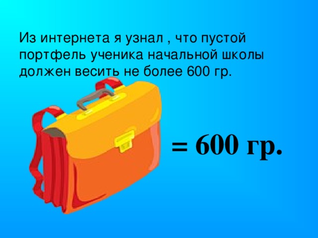 Из интернета я узнал , что пустой портфель ученика начальной школы должен весить не более 600 гр.     = 600 гр.
