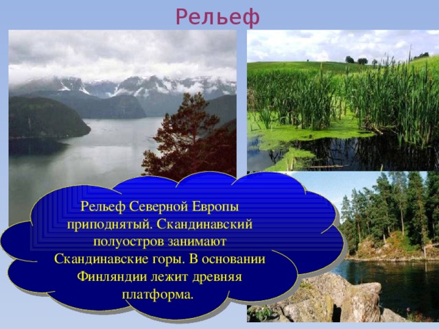 Рельеф Рельеф Северной Европы приподнятый. Скандинавский полуостров занимают Скандинавские горы. В основании Финляндии лежит древняя платформа.