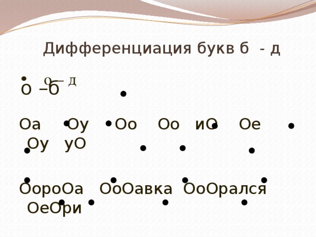 Дифференциация букв б - д •     о – д Оа Оу Оо Оо иО Ое Оу уО ОороОа ОоОавка ОоОрался ОеОри о – б