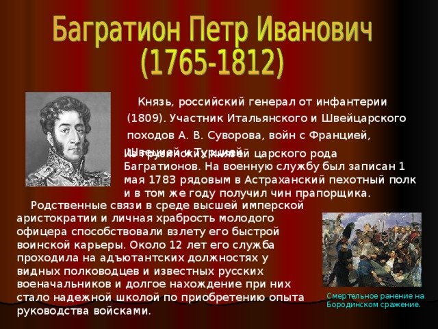 Князь, российский генерал от инфантерии (1809). Участник Итальянского и Швейцарского походов А. В. Суворова, войн с Францией, Швецией и Турцией Из грузинских князей царского рода Багратионов. На военную службу был записан 1 мая 1783 рядовым в Астраханский пехотный полк и в том же году получил чин прапорщика.  Родственные связи в среде высшей имперской аристократии и личная храбрость молодого офицера способствовали взлету его быстрой воинской карьеры. Около 12 лет его служба проходила на адъютантских должностях у видных полководцев и известных русских военачальников и долгое нахождение при них стало надежной школой по приобретению опыта руководства войсками. Смертельное ранение на Бородинском сражение.