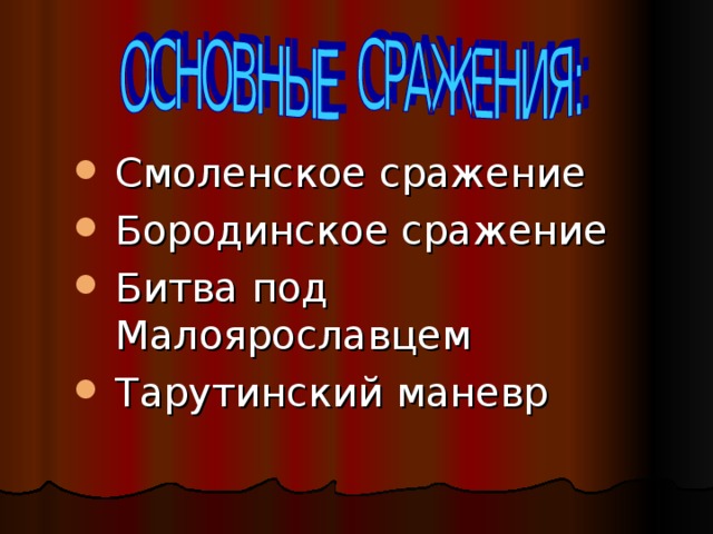 Смоленское сражение Бородинское сражение Битва под Малоярославцем Тарутинский маневр Смоленское сражение Бородинское сражение Битва под Малоярославцем Тарутинский маневр