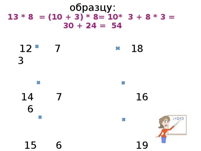 Реши с объяснением по образцу:  13 * 8 = (10 + 3) * 8= 10* 3 + 8 * 3 = 30 + 24 = 54    12 7 18 3  14 7 16 6  15 6 19 4