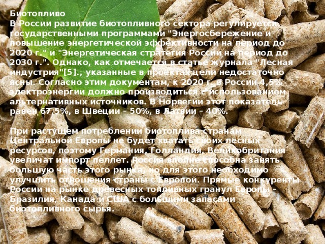 Биотопливо В России развитие биотопливного сектора регулируется государственными программами 