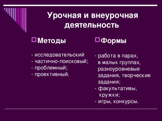 Урочная и внеурочная деятельность Методы Формы - исследовательский - частично-поисковый; - проблемный; - проективный.  - работа в парах,  в малых группах,  разноуровневые  задания, творческие  задания; - факультативы,  кружки; - игры, конкурсы.