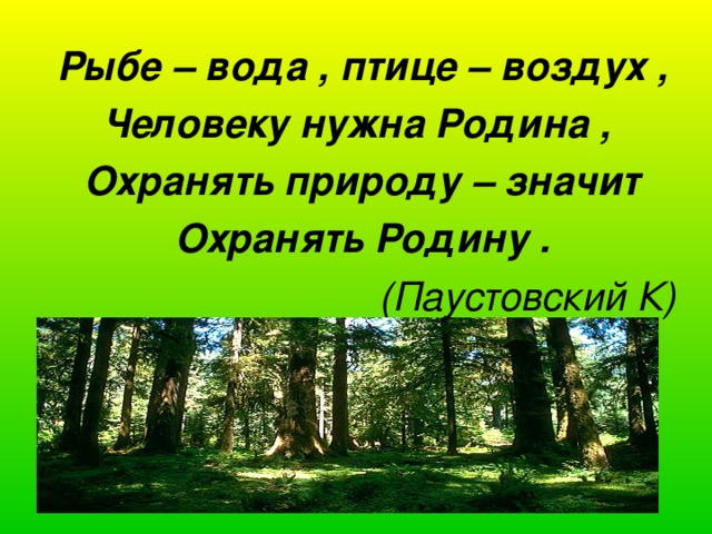 Рыбе – вода , птице – воздух , Человеку нужна Родина , Охранять природу – значит Охранять Родину . (Паустовский К)