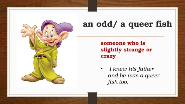 an odd/ a queer fish someone who is slightly strange or crazy
