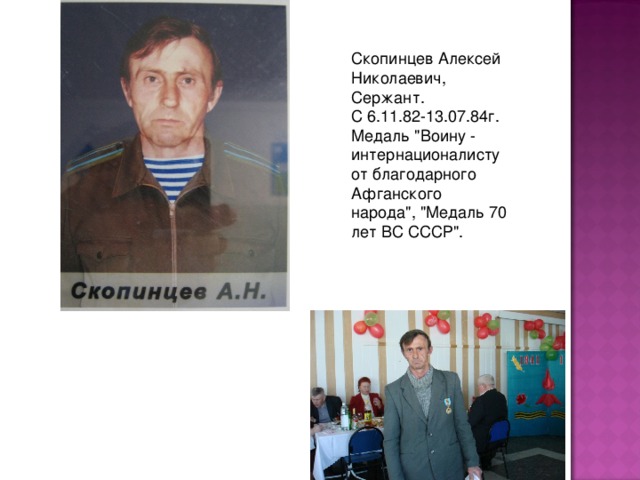 Скопинцев Алексей Николаевич, Сержант. С 6.11.82-13.07.84г. Медаль 