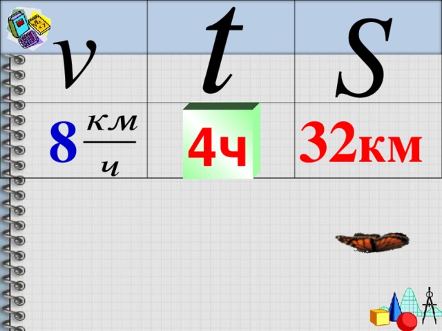 8  ? 32 км 4ч Бабочка пролетела 32 км. Сколько времени летала бабочка, если её скорость 8 км/ч?