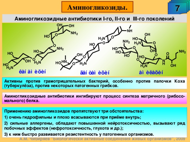 7 Аминогликозиды. Аминогликозидные антибиотики I -го, II -го и III -го поколений Активны против грамотрицательных бактерий, особенно против палочки Коха (туберкулёза), против некоторых патогенных грибков. Аминогликозидные антибиотики ингибируют процесс синтеза матричного (рибосо-мального) белка. Применению аминогликозидов препятствуют три обстоятельства: 1) очень гидрофильны и плохо всасываются при приёме внутрь; 2) сильные аллергены, обладают повышенной нейротоксичностью, вызывают ряд побочных эффектов (нефротоксичность, глухота и др.); 3) к ним быстро развивается резистентность у патогенных организмов. А.М. Чибиряев 