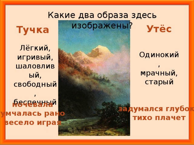 Какие два образа здесь изображены? Утёс Тучка Лёгкий, игривый, шаловливый, свободный, беспечный Одинокий, мрачный, старый ночевала умчалась рано весело играя задумался глубоко тихо плачет