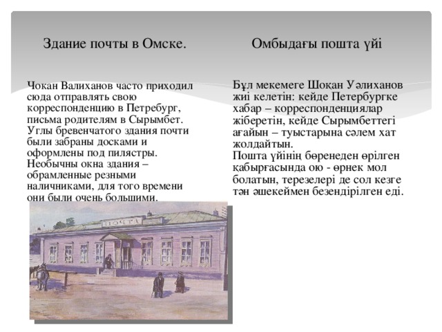 Здание почты в Омске. Омбыдағы пошта үйі Чокан Валиханов часто приходил сюда отправлять свою корреспонденцию в Петребург, письма родителям в Сырымбет. Углы бревенчатого здания почти были забраны досками и оформлены под пилястры. Необычны окна здания – обрамленные резными наличниками, для того времени они были очень большими. Бұл мекемеге Шоқан Уәлиханов жиі келетін: кейде Петербургке хабар – корреспонденциялар жіберетін, кейде Сырымбеттегі ағайын – туыстарына сәлем хат жолдайтын. Пошта үйінің бөренеден өрілген қабырғасында ою - өрнек мол болатын, терезелері де сол кезге тән әшекеймен безендірілген еді.