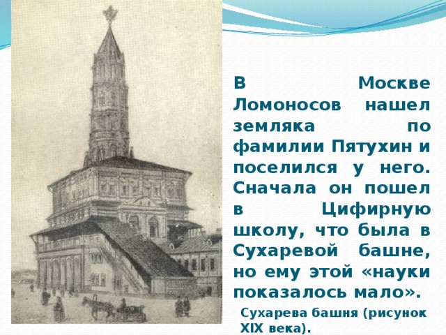 В Москве Ломоносов нашел земляка по фамилии Пятухин и поселился у него. Сначала он пошел в Цифирную школу, что была в Сухаревой башне, но ему этой «науки показалось мало».  Сухарева башня (рисунок XIX века).
