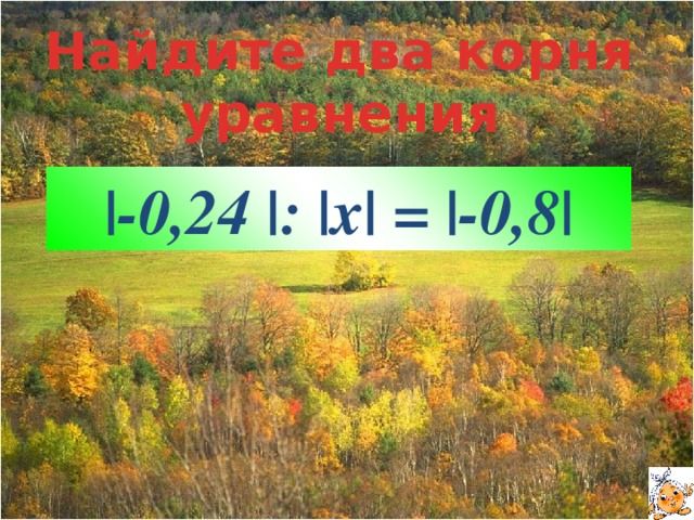 Найдите два корня уравнения |-0,24 |: |x| = |-0,8|