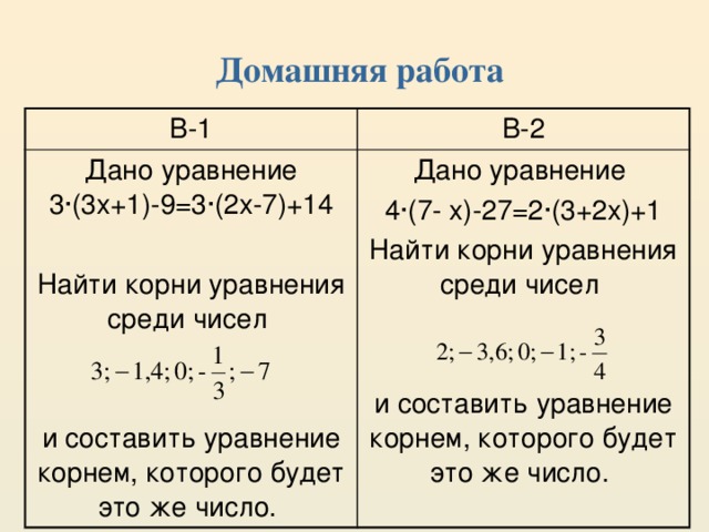 Домашняя работа В-1 В-2 Дано уравнение 3·(3x+1)-9=3·(2x-7)+14 Дано уравнение Найти корни уравнения среди чисел 4·(7- x)-27=2·(3+2x)+1 Найти корни уравнения среди чисел и составить уравнение корнем, которого будет это же число. и составить уравнение корнем, которого будет это же число.