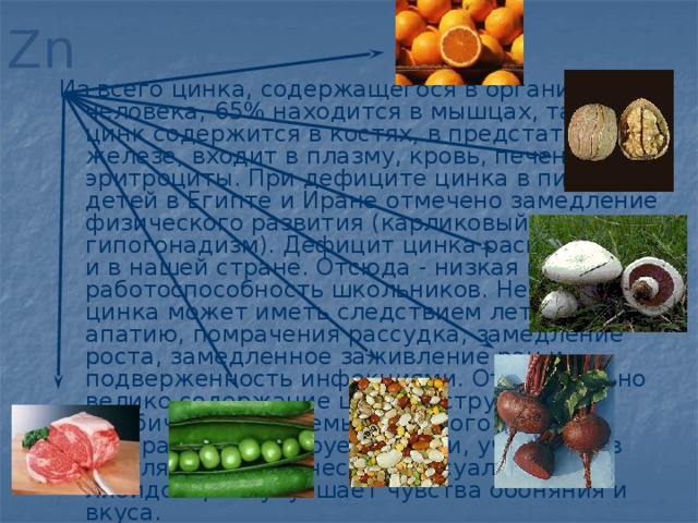 Zn Из всего цинка, содержащегося в организме человека, 65% находится в мышцах, также цинк содержится в костях, в предстательной железе, входит в плазму, кровь, печень, эритроциты. При дефиците цинка в пище детей в Египте и Иране отмечено замедление физического развития (карликовый рост и гипогонадизм). Дефицит цинка распространен и в нашей стране. Отсюда - низкая возрастная работоспособность школьников. Недостаток цинка может иметь следствием летаргию, апатию, помрачения рассудка, замедление роста, замедленное заживление ран и подверженность инфекциями. Относительно велико содержание цинка в структурах лимбической системы головного мозга, которая контролирует эмоции, участвует в регуляции человеческой сексуальности и либидо. Цинк улучшает чувства обоняния и вкуса.
