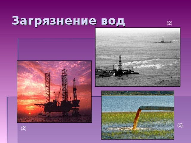 Загрязнение вод (2) Нефть, пролитая в морскую воду, оказывает много неблагоприятных воздействий на жизнь моря. Прежде всего гибнут птицы-тонут, перегреваются на солнце или лишаются пищи. Нефть ослепляет живущих в воде животных-тюленей, нерпу. Она уменьшает проникновение света в замкнутые водоемы и может повышать температуру воды. Это особенно губительно для организмов, способных существовать только в ограниченном интервале температур. Нефть содержит токсичные компоненты, например ароматические углеводороды, которые губительно действуют на некоторые формы водной жизни даже в таких концентрациях, как несколько миллионных долей. (2) (2)