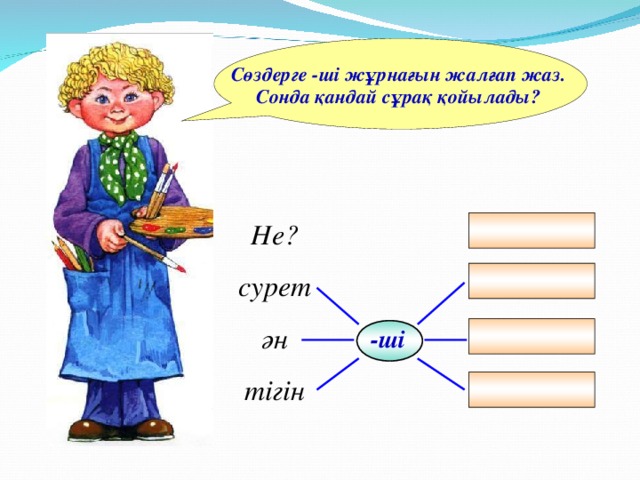 Сөздерге -ші жұрнағын жалғап жаз. Сонда қандай сұрақ қойылады? Не? сурет ән тігін -ші