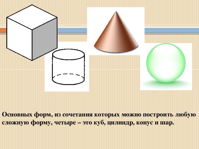 Основных форм, из сочетания которых можно построить любую сложную форму, четыре – это куб, цилиндр, конус и шар.