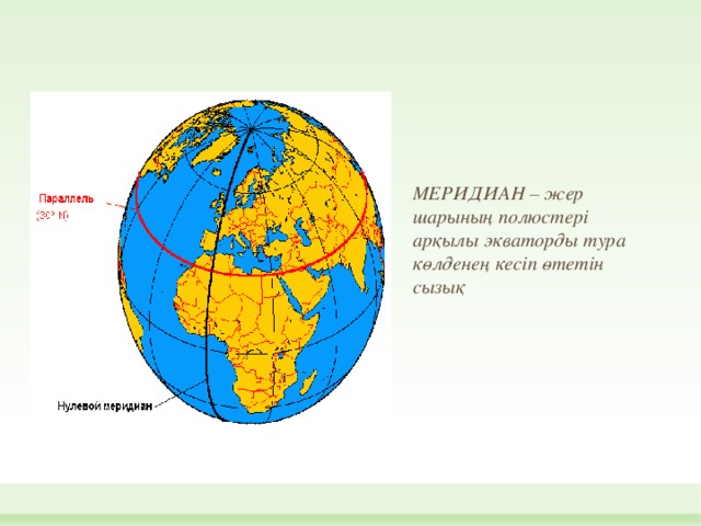 МЕРИДИАН – жер шарының полюстері арқылы экваторды тура көлденең кесіп өтетін сызық