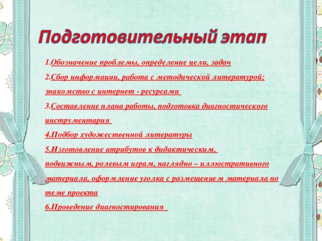 Обозначение проблемы, определение цели, задач Сбор информации, работа с методической литературой; знакомство с интернет - ресурсами Составление плана работы, подготовка диагностического инструментария 4.Подбор художественной литературы 5.Изготовление атрибутов к дидактическим, подвижным, ролевым играм, наглядно – иллюстративного материала, оформление уголка с размещением материала по теме проекта 6.Проведение диагностирования